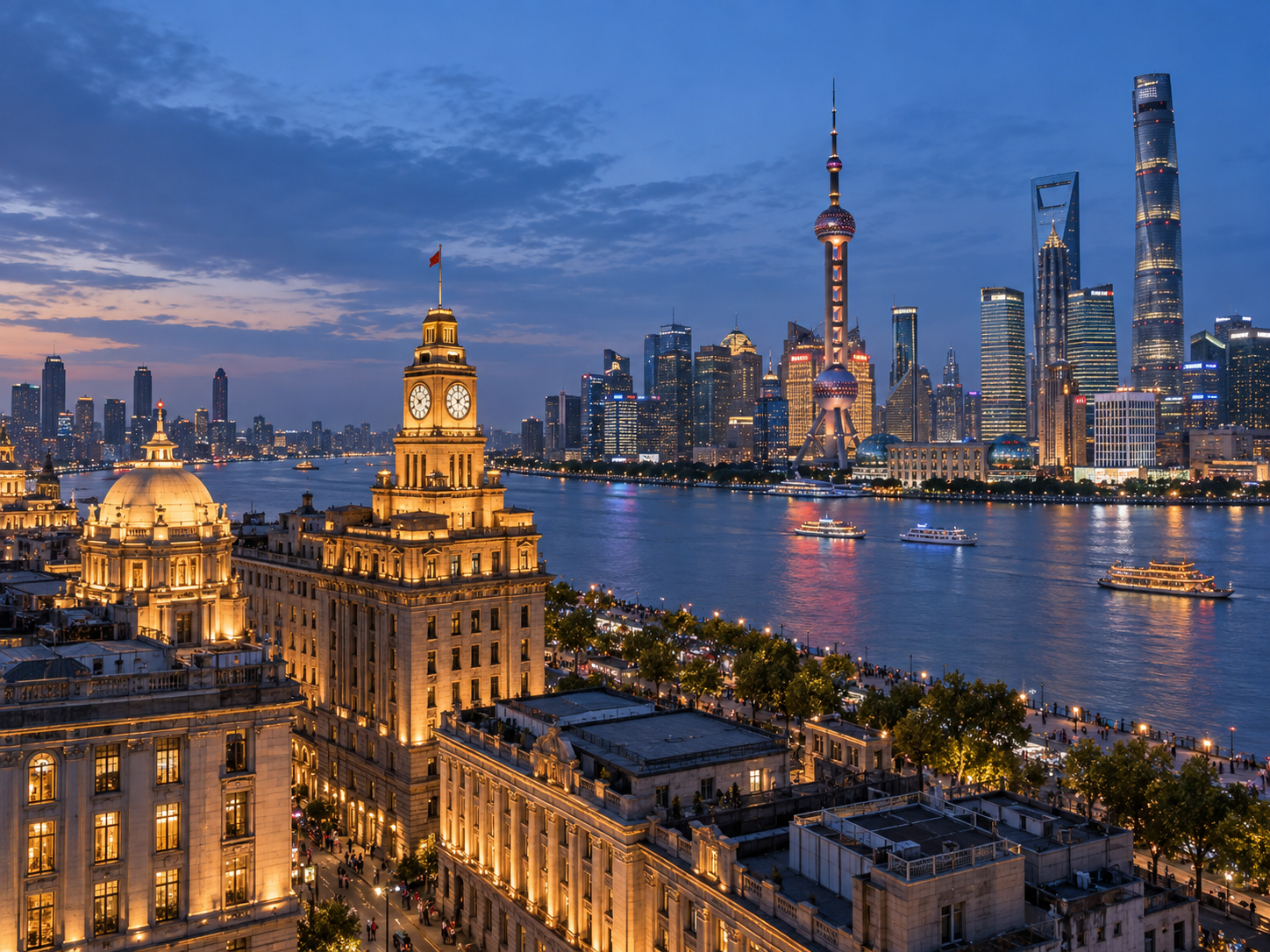 Shanghai Bund and Pudong skyline at blue hour