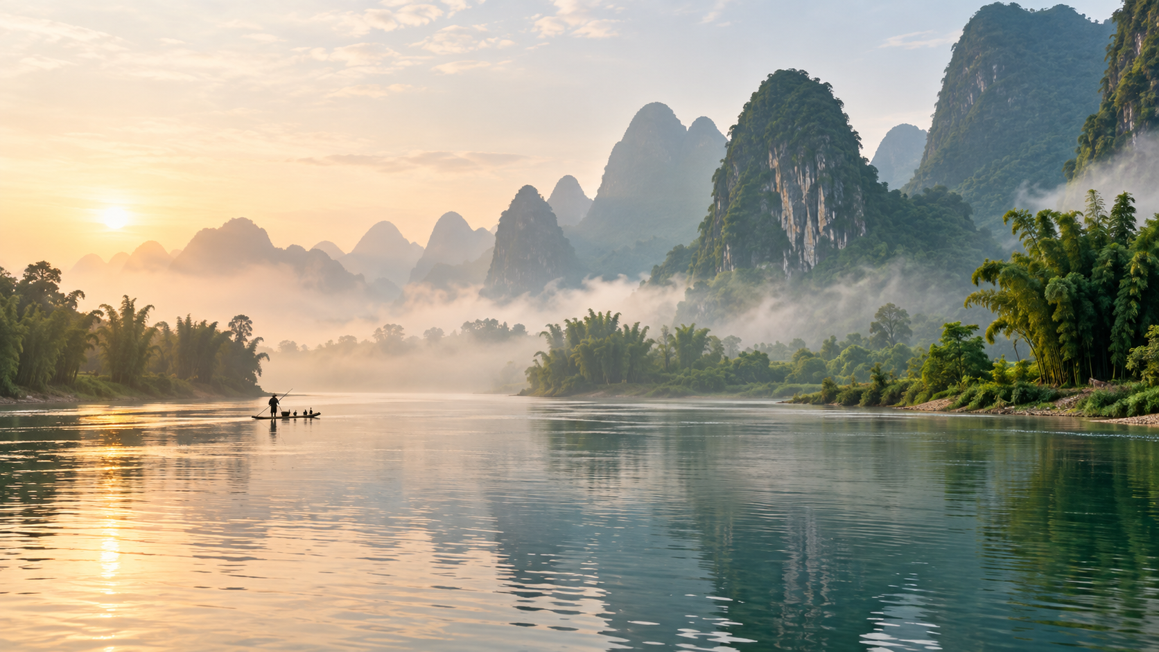 Karst mountains and river mist in Yangshuo at sunrise